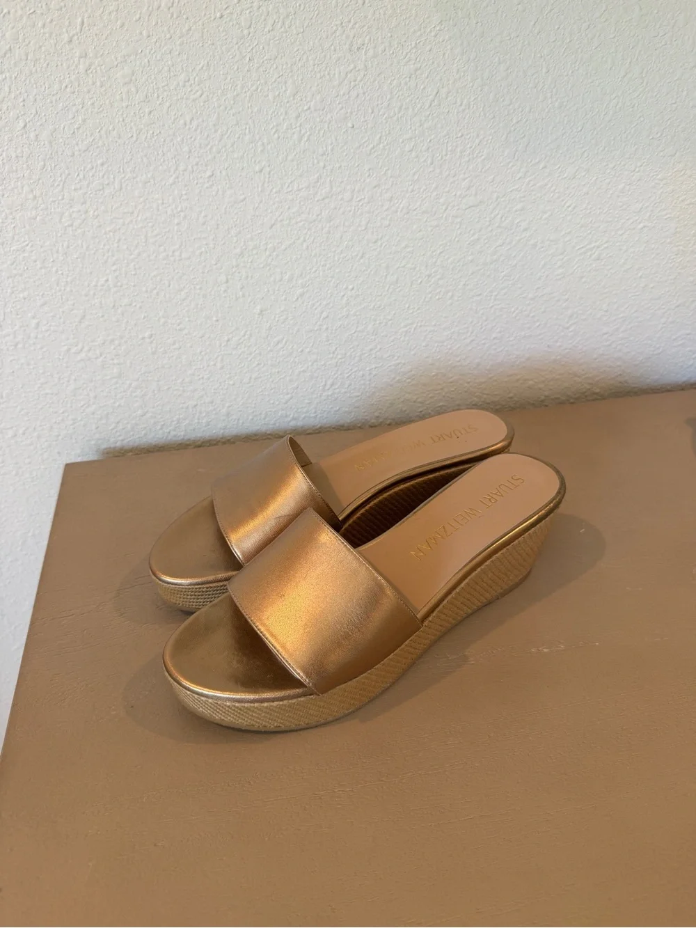 Stuart Weitzman Gold Wedge Slide Sandals - Picture 4 of 6